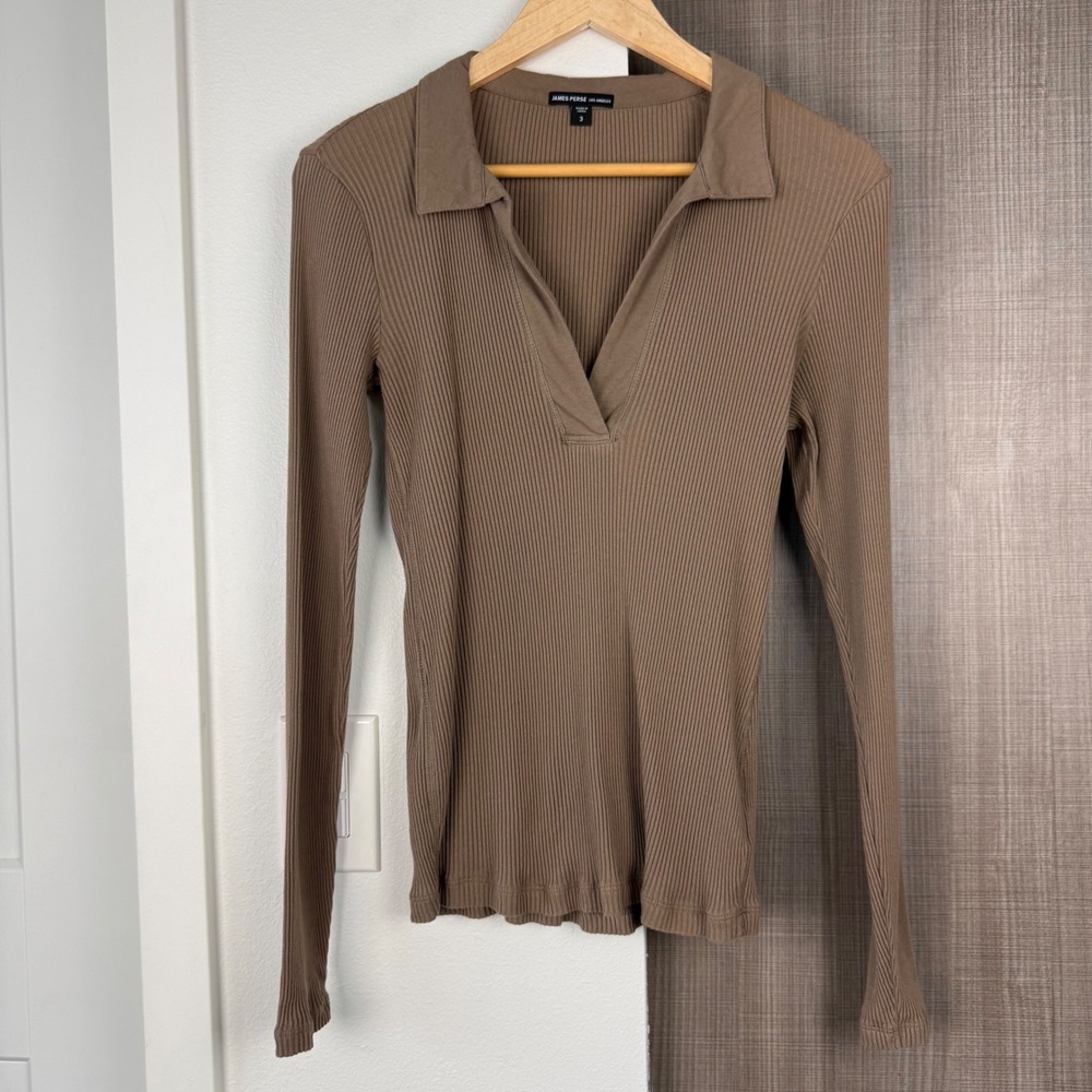 James‎ Perse Sable Brown Ribbed Polo Long Sleeve Top Split Neck Large - Picture 3 of 13
